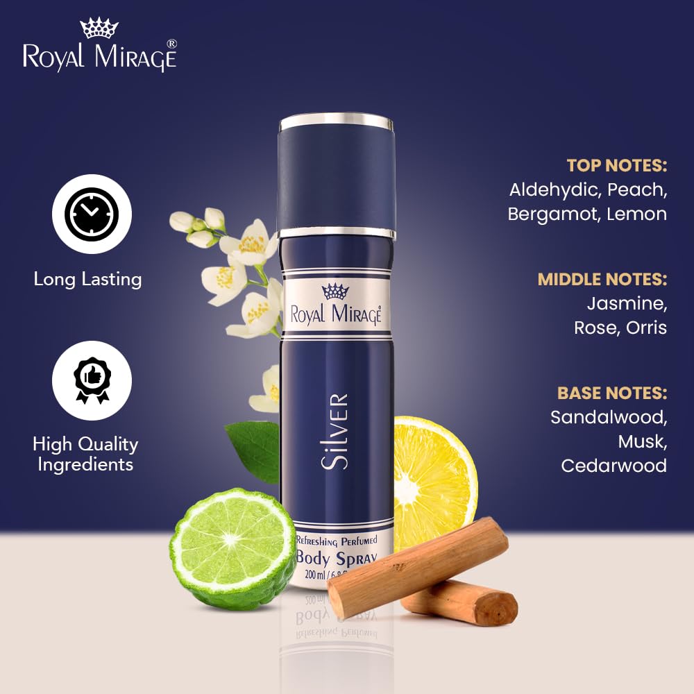 Royal Mirage Silver Body Spray | All-Day Freshness | Unisex Perfume | Timeless Sophistication | Long-Lasting Fragrance | Citrus, Floral & Woody Notes | Affordable Luxury | 200ml