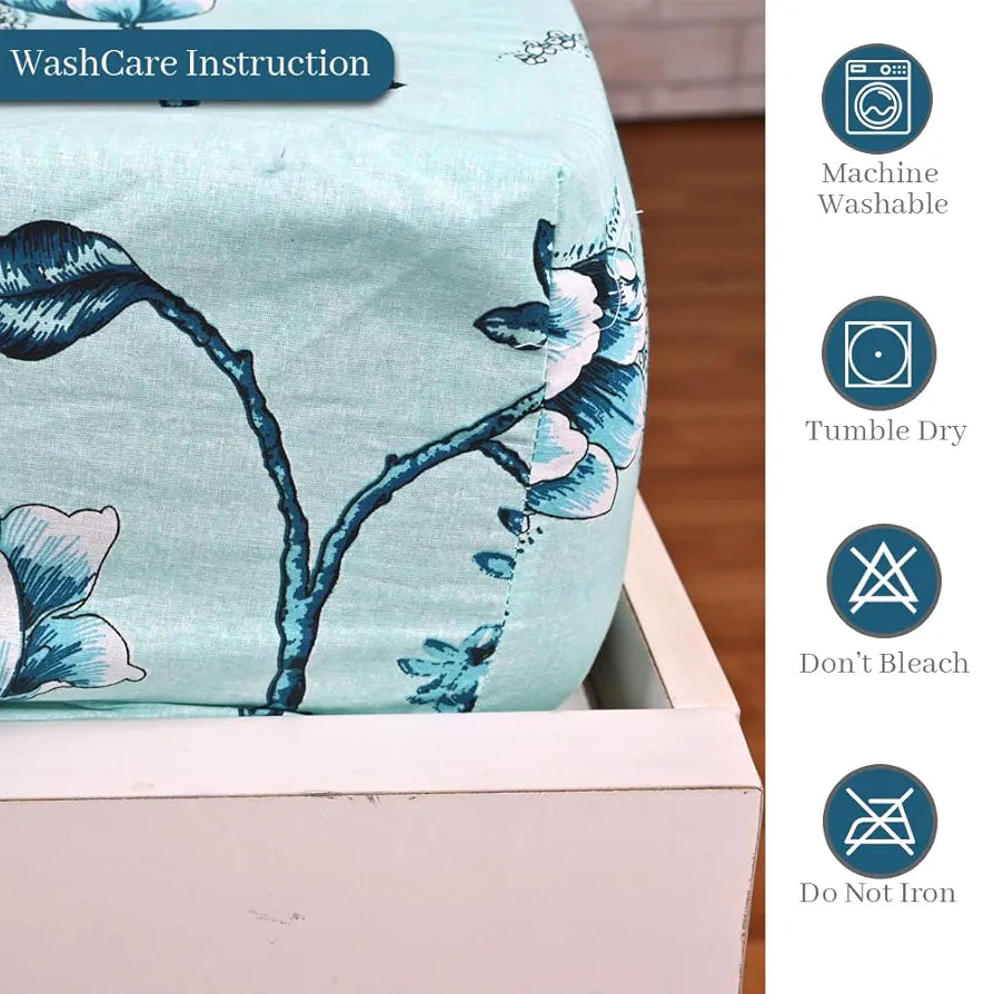 Divine Casa Floret 100% Cotton Double Fitted Bedsheet 144 TC Colour Winter Fern