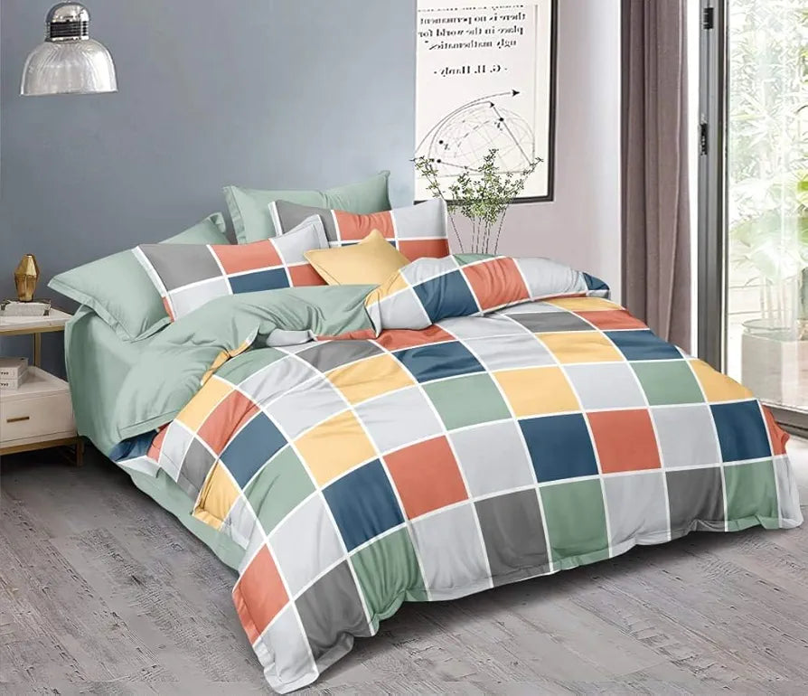 The Home Style Cotton Feel Glace Cotton Checkered Printed King Size Double Bed Bedsheet With 2 Pillow Cover 300 TC Vibrant Checks