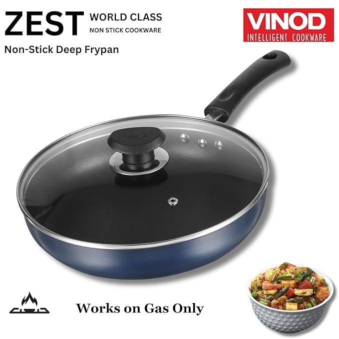Vinod Zest Aluminium Non Stick Deep Frypan with Glass Lid - 26 cm | 3 Layer Ceramic Coating | 3 mm Extra Thick | Skillet Pan