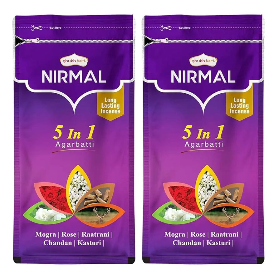 Shubhkart Nirmal 5 in 1 Agarbatti Pack 150g Long Incense Sticks Charcoal Free Natural Fragrance Zipper Pack