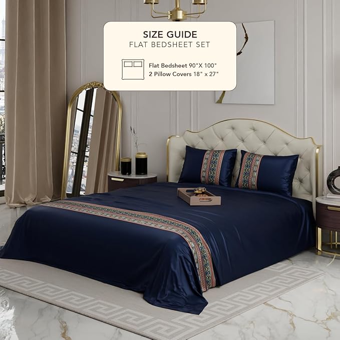 Stoa Paris Bedsheets for Double Size Bed Satin Bedsheet with 2 Pillow Covers Colour Regal Renaissance-Navy