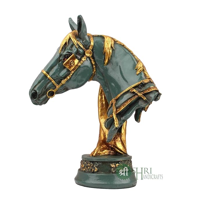 Indicast 12" Inch Handmade Horse Head Statue Stone Finish Animal Figurines Gifts Antique Design | Green