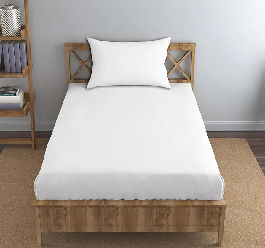 Trance Home Linen Premium 300 TC Pure 100% Cotton Single Size Fitted Bedsheet with 1 Pillow Cover Colour White Plain