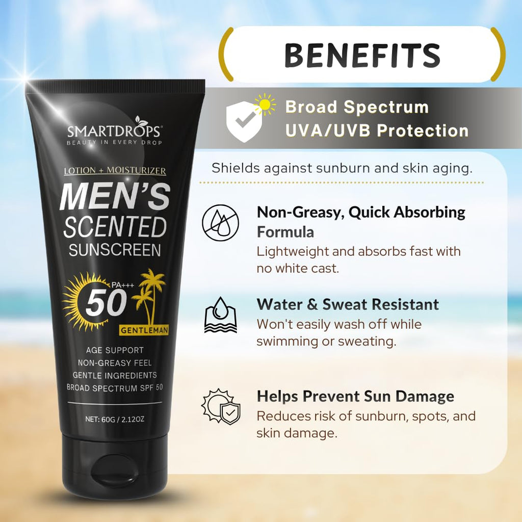 Smartdrops Men Sunscreen SPF 50 Broad Spectrum Face & Body Sun Cream Non Greasy Daily Sun Care Lotion | Sunscreen SPF 50 PA+++ | for Men & Women | 60ml (Pack 1)