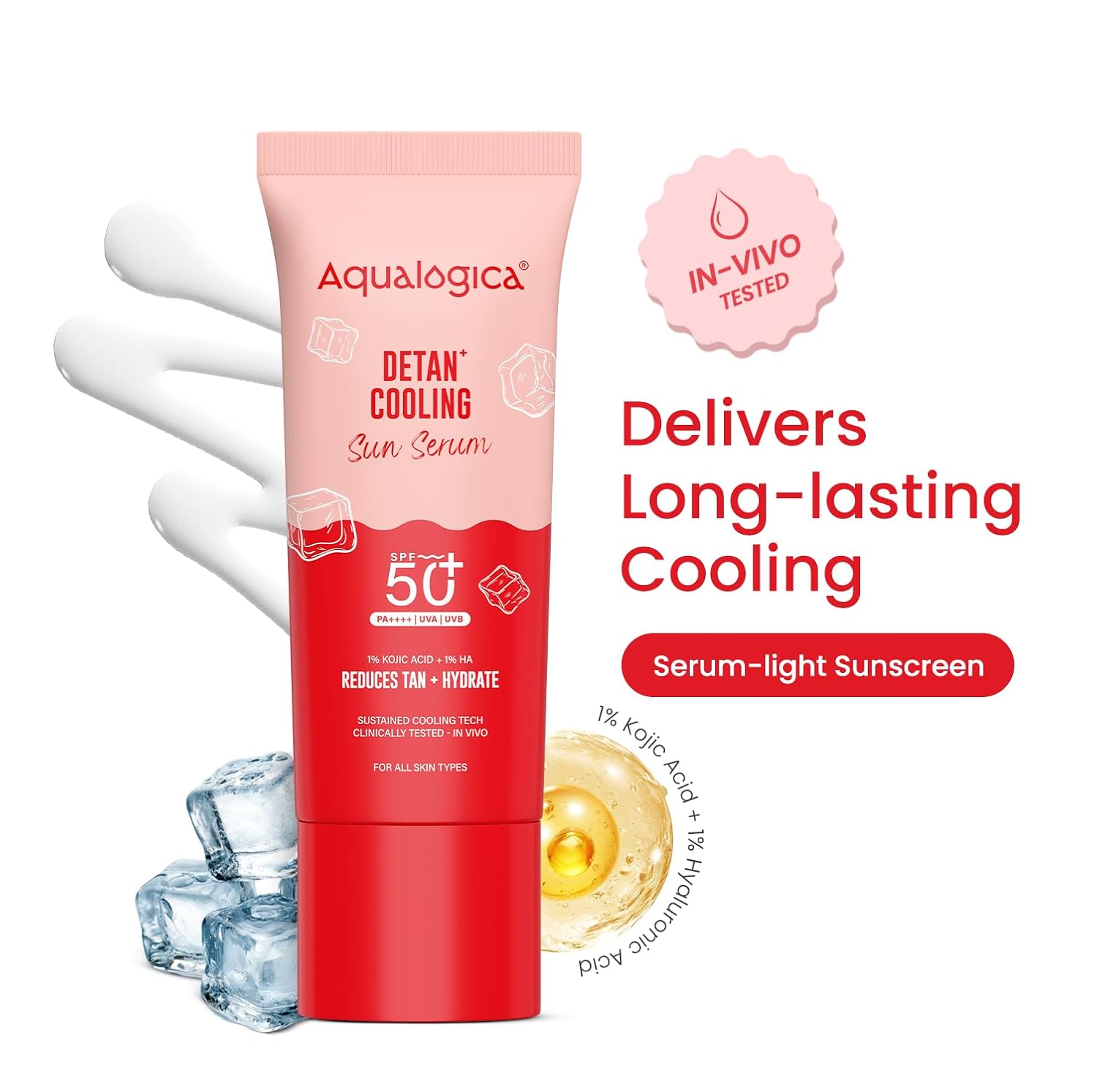 Aqualogica Detan+ Cooling Sun Serum 50g | SPF 50+ PA++++ | 1% Kojic Acid & 1% Hyaluronic Acid | Photostable UV Filters | Serum-Light Texture | Instant Cooling | Tan Protection | Triple Cooling Technology | In-Vivo Tested | Papaya Extract