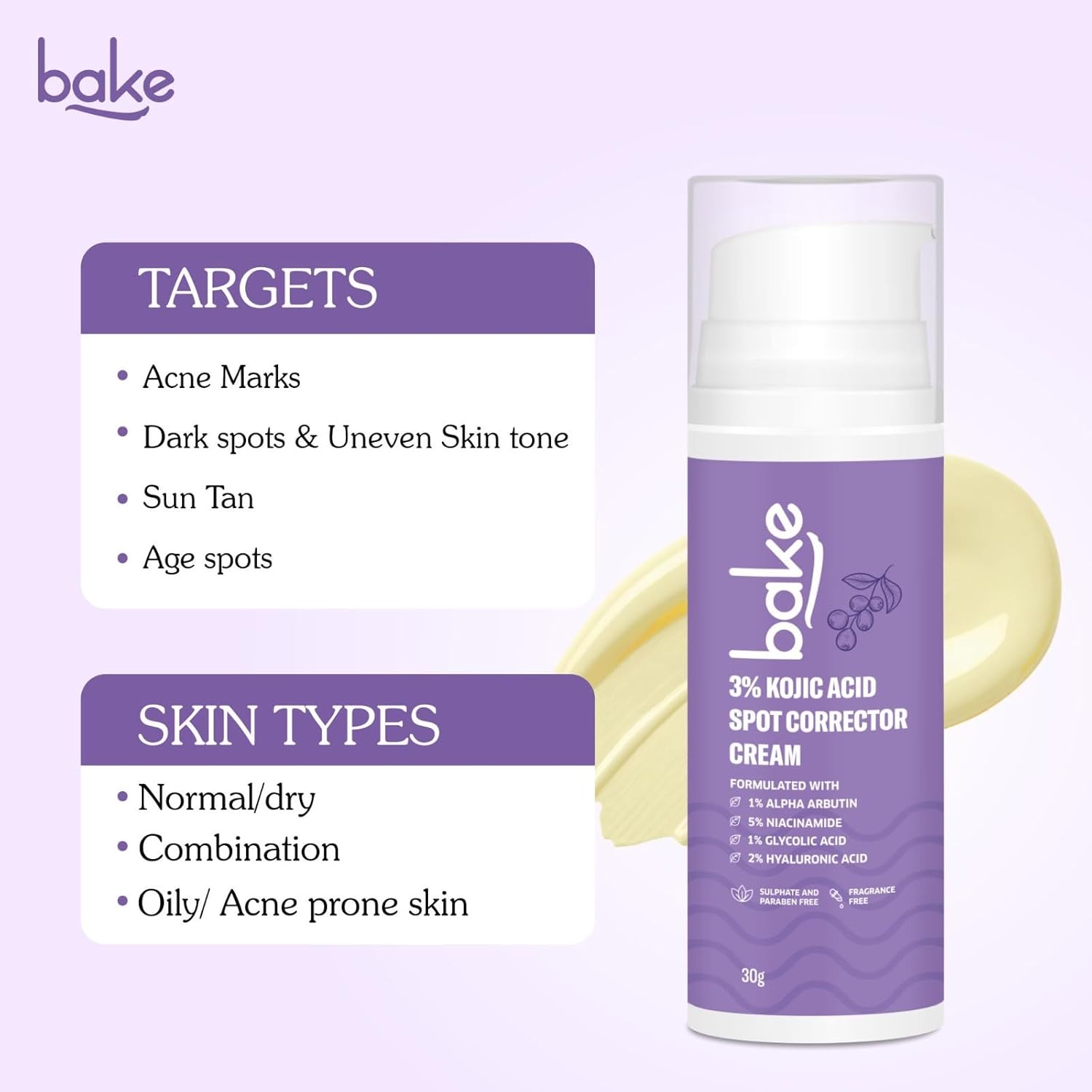 BAKE 3% Kojic Acid Spot Corrector Cream with Alpha Arbutin for Pigmentation, Dark Spots, Under Eye Circles & Even Skin Tone â€“ 30g
