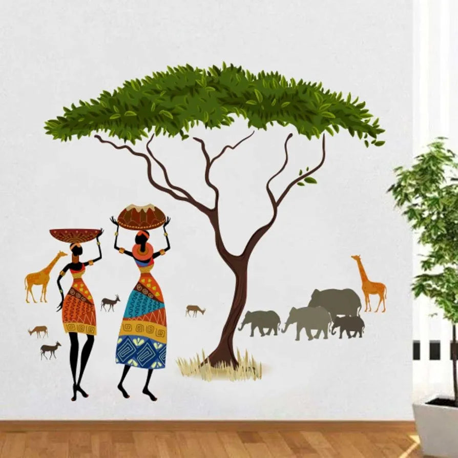 Rawpockets Decal African Jungle Artistic Tribal Ladies with Animal Nature Story Wall Sticker