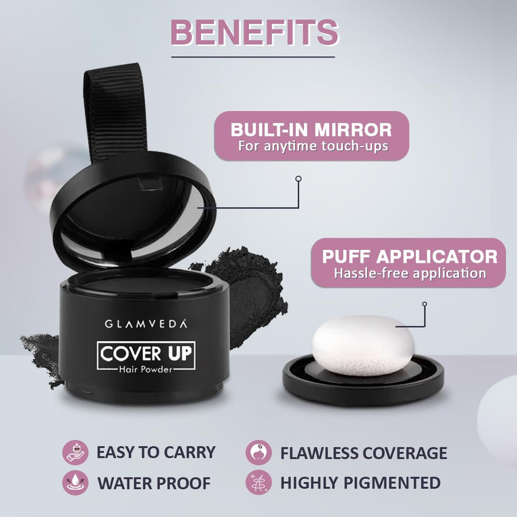 Glamveda Cover-Up Hair Powder Black | Instantly Covers Grey Roots, Bald Spots & Thinning Hair | Hairline Filler for Fuller & Denser Looking Hair | Highly Pigmented Matte Finish | Long-Lasting Coverage | 4g