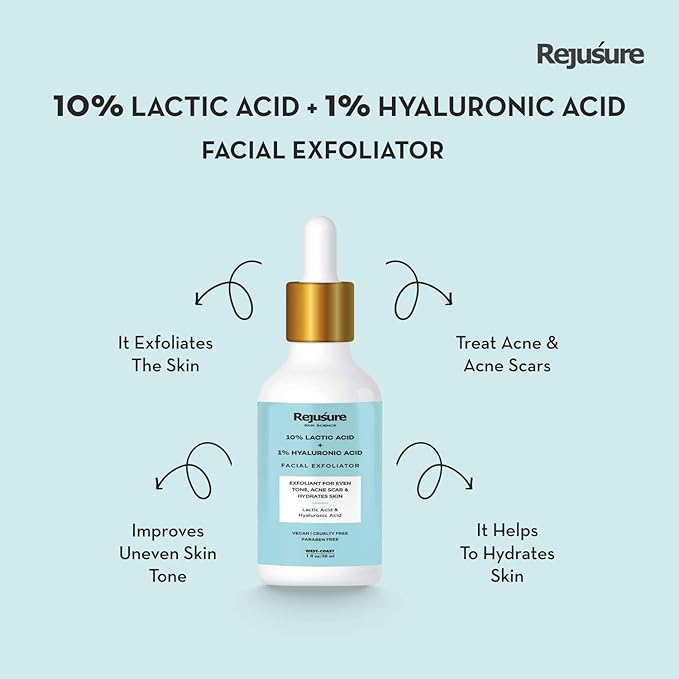Rejusure Lactic Acid 10% + Hyaluronic Acid 1% Facial Exfoliator - Hydrating and Rejuvenating Serum - 30 Ml