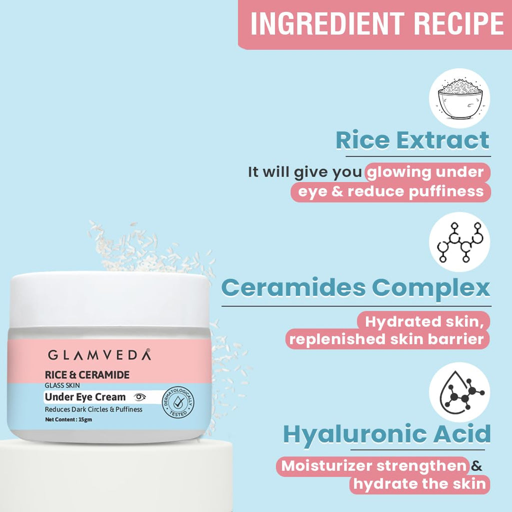 Glamveda Korean Rice & Ceramide Under Eye Cream | Reduces Dark Circles, Puffiness, Wrinkles & Fine Lines | Eye Cream for Dry & Sensitive Skin | For Men & Women 15gm