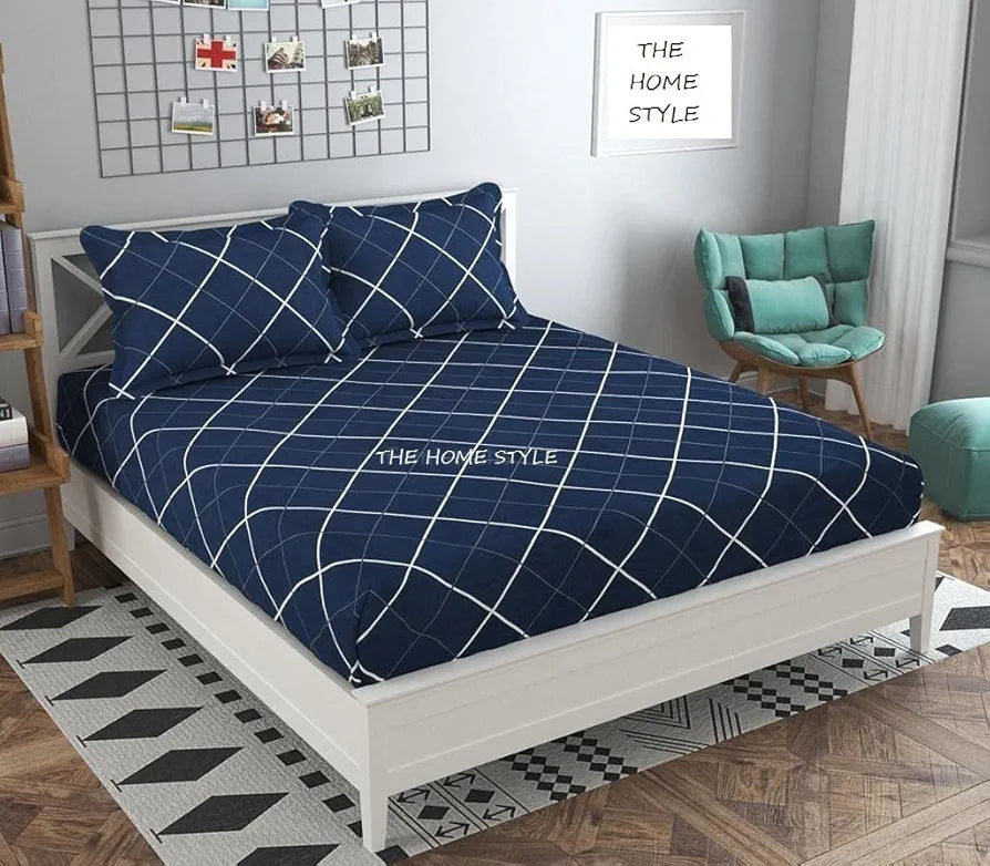 The Home Style Cotton Feel Glace Cotton All Around Elastic Fitted Printed King Size Double Bed Bedsheet With 2 Pillow Cover,300 TC Navy Blue