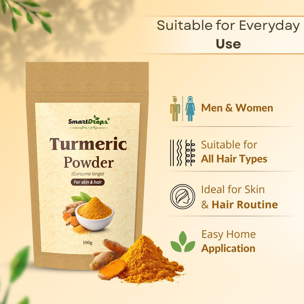 Smartdrops Turmeric Powder | Haldi Powder For face | Turmeric Powderr Face Pack For Glowing Skin | Turmeric Powder For Skin And Hair | For Hair Mask Use | For Skin Care Routine | For Men & Women - 100g (Pack 1)