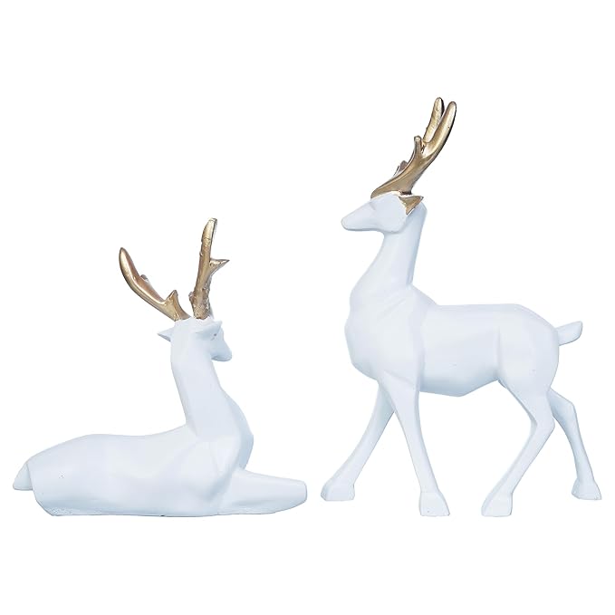 Ecraftindia Set of 2 Golden & White Reindeer Statues Animal Figurines Decorative Showpieces