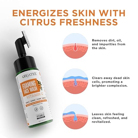 Orgatre Vitamin C Foaming Face Wash with Built-in Silicon Brush For Women & Men - 150 ml