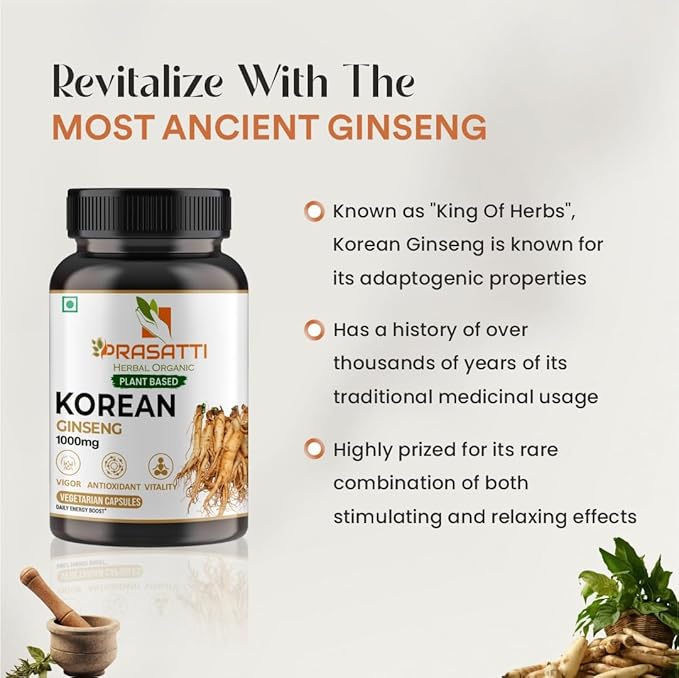 Prasatti Herbal Organic Korean Ginseng 1000 Mg 90 Veg Capsules
