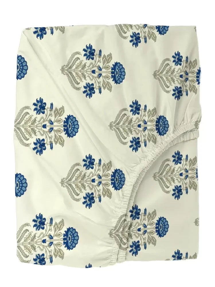 Trance Home Linen 180Tc 100% Cotton 78"X60" Standard Queen Size Elastic Fitted Bedsheet Printed Queen Bed Size With 2 Pillow Covers 180 TC Colour Aangan Blue