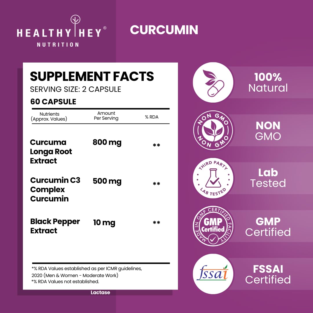 HealthyHey Nutrition Curcumin with Bioperine 1310mg (Ultra Pure) | Organic Turmeric, 60 Vegetable Capsules with Piperine