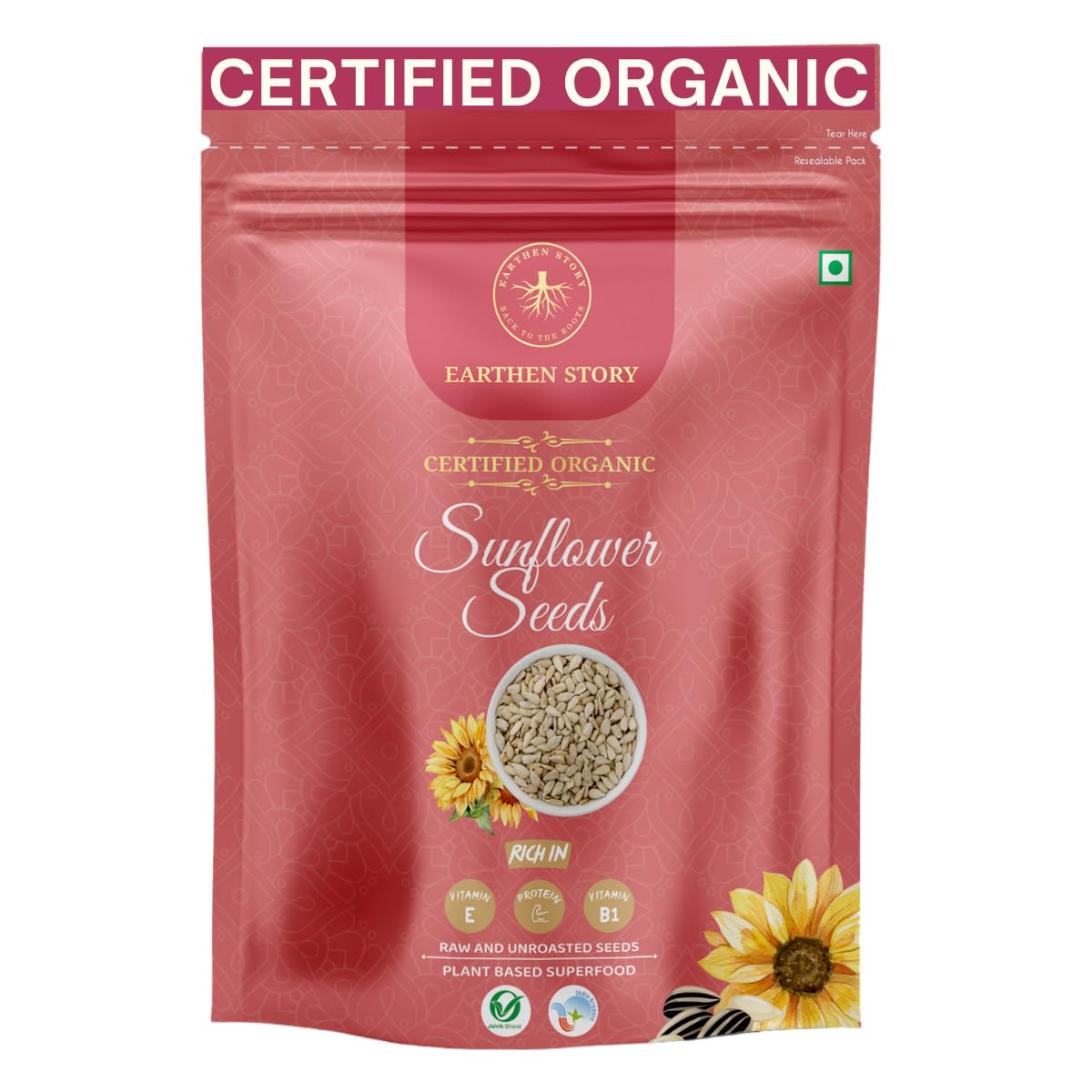 Earthen Story Certified Organic Sunflower Seeds| Lab Tested for 250+ Pesticides | NPOP Approved & Traceable with Transaction Certificate | Rich in Protein, Fibre & Vitamin E