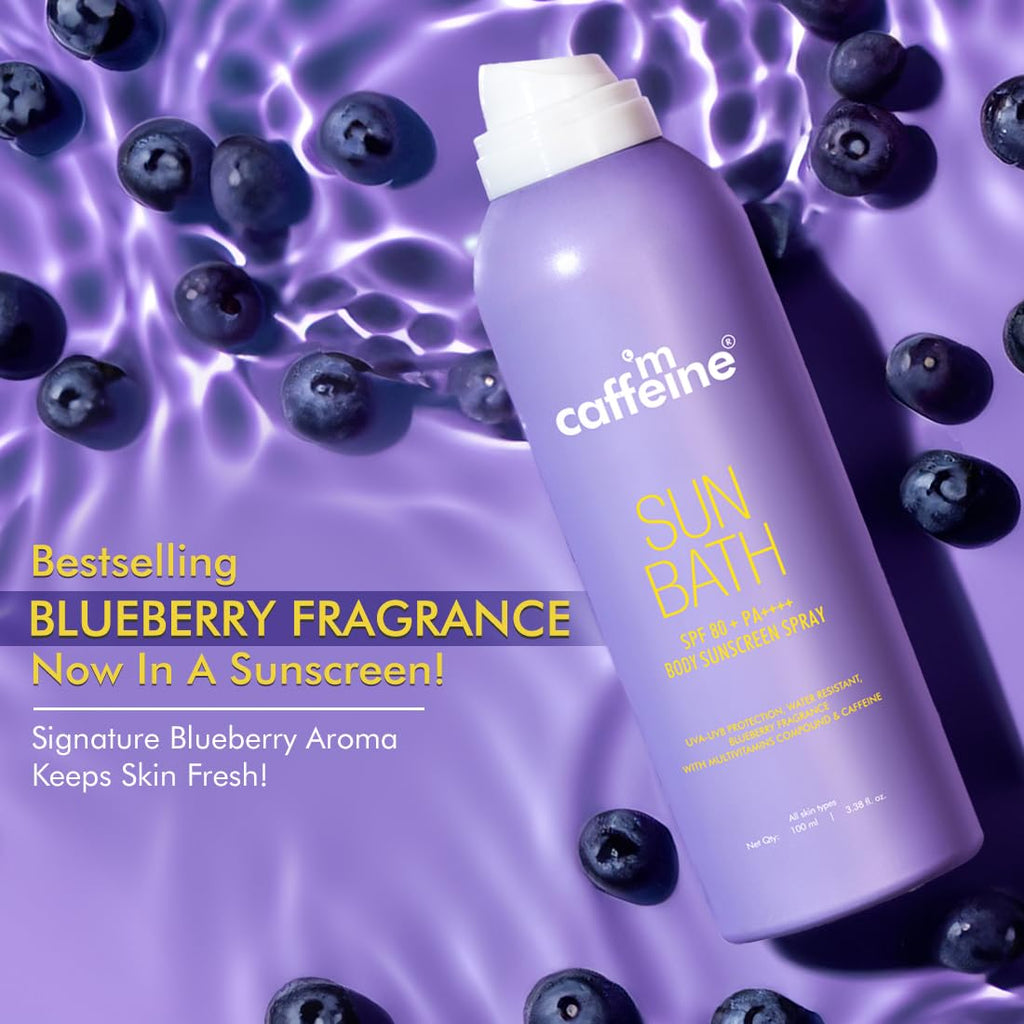 mCaffeine Sun Bath SPF 80+ PA ++++ Body Sunscreen Spray | High UV Protection | Invisible, Non-Greasy, 180 Mins Water/Sweat Resistant Cooling Spray| For All Skin Types | Blueberry Fragrance -100ml
