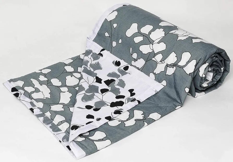 Trance Home Linen Pure Malmal Cotton Multipurpose Baby Dohar 3-Layered Baby Swaddle Blanket Colour Grey White Abstract Leaves