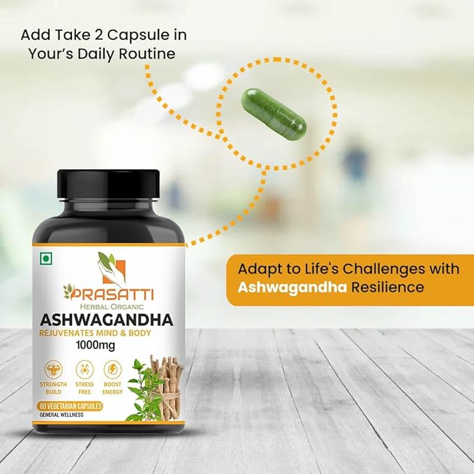 Prasatti Herbal Organic Plant Based Ashwagandha Supplements 1000mg With Ashwagandha Roots Extract - 60 Veg Capsules