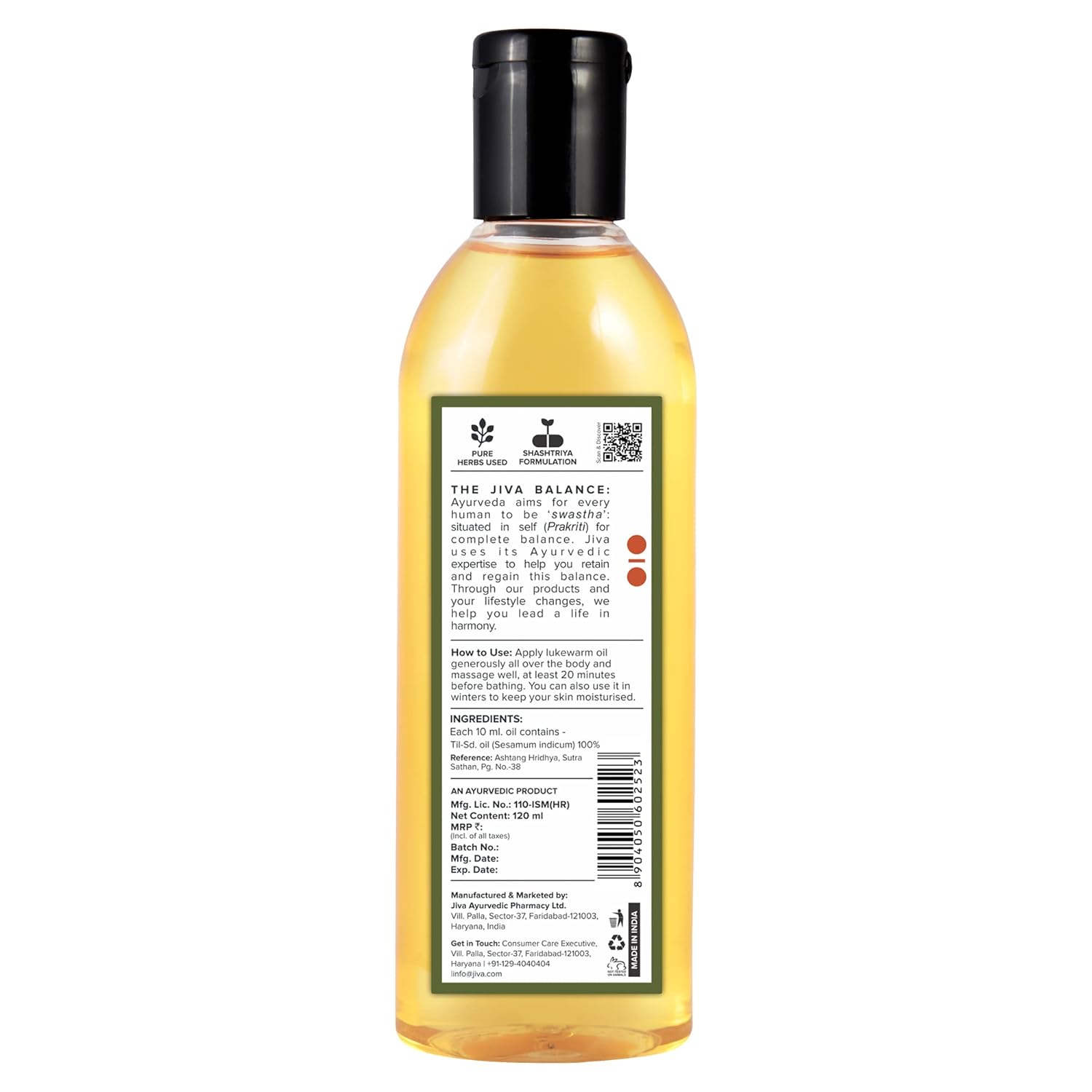 Jiva Medicated Til Oil 120 ml | Ayurvedic Oil Made of Pure Herbs | Relieves Joint And Muscle Pain, Stiffness And Tremors | Pacifies Vata Dosha