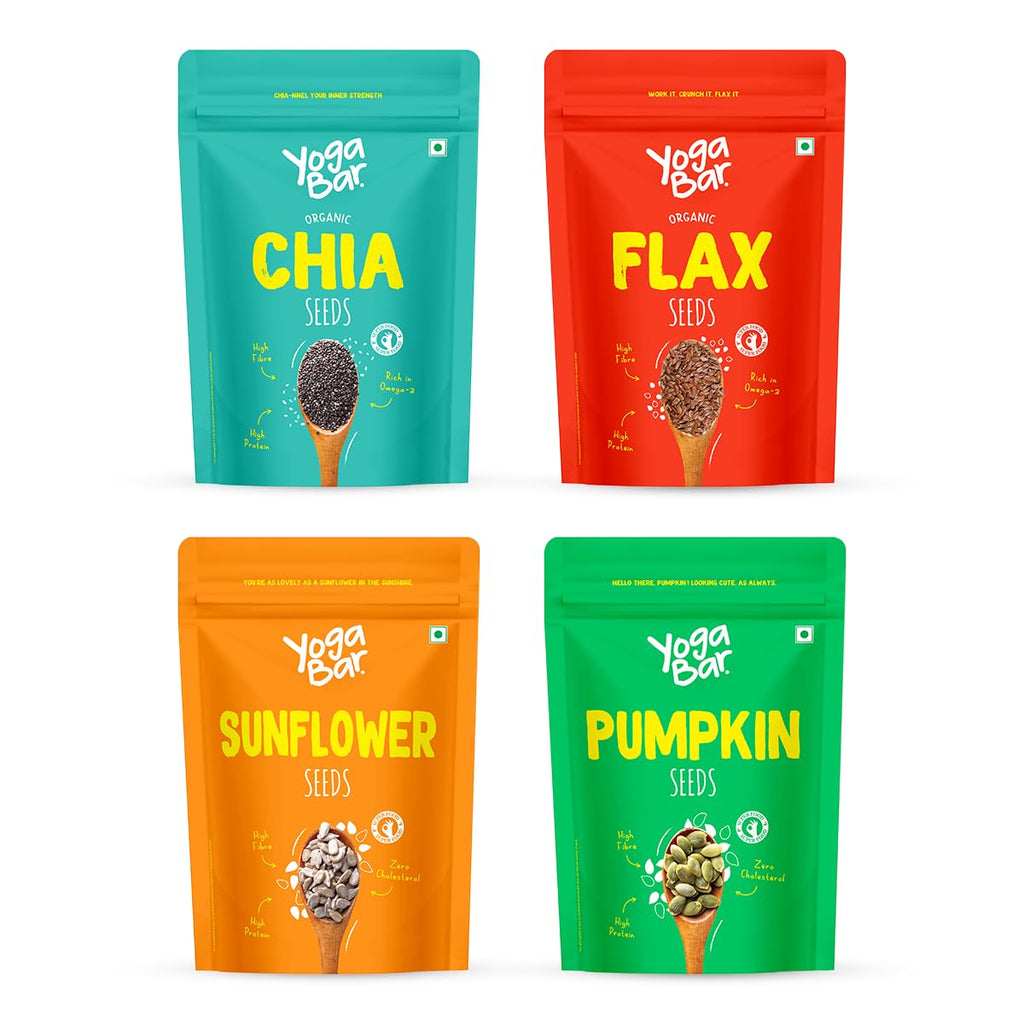 Yogabar Seeds Combo – Chia, Flax, Sunflower & Pumpkin Seeds | High Fiber & Protein | Plant-Based Resealable Packs – 4 x 250g