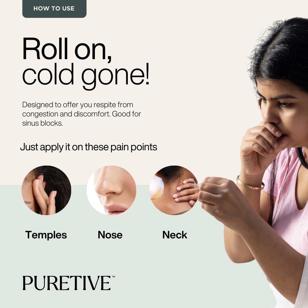 PURETIVE Cold Care Roll-On | Natural Breathing Support | Natural Congestion Relief | Refreshing Aroma| Pure & Safe & Gentle on Skin| 100% Pure Essential Oils | 10ML (Pack of 1)