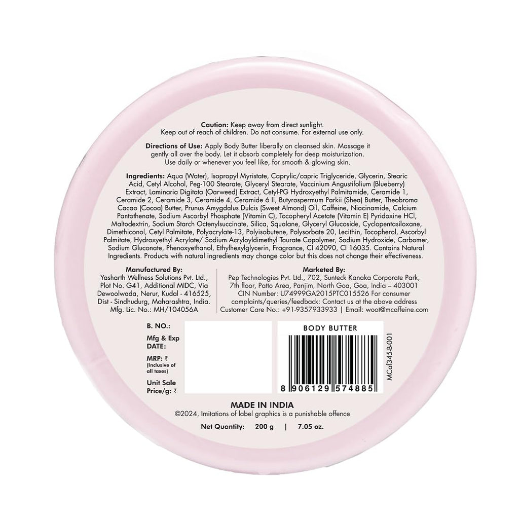 mCaffeine Blueberry Swirl Deep Moisturizing Body Butter | 5 Essential Ceramides for Skin Repair with Shea Butter & Cocoa Butter | 72Hrs Long Lasting Moisturization | Winter Body Care | Fruity Blueberry Aroma | Body Butter for Women and Men - 200g