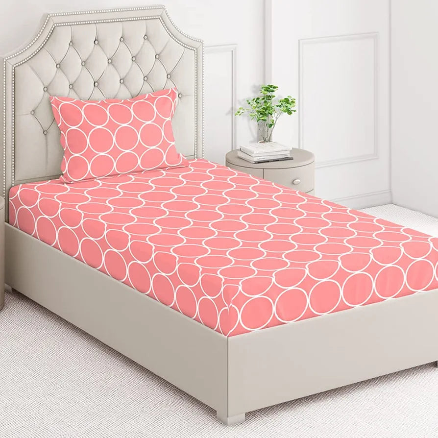 Layers Cotton Bedsheet for Single Bed with 1 Pillow Cover Light Weight Breathable Classic Collection Pink Circle Geometry Pattern