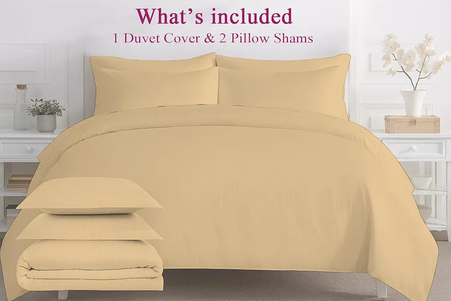 Trance Home Linen Zippered 100% Cotton 200TC Satin Stripe King Size Duvet Cover Quilt Cover Blanket Cover Razai Comforter Cover with 2 Pillow Covers Colour Beige