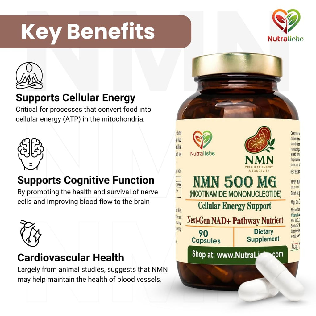 Nutraliebe NMN (Î²-Nicotinamide Mononucleotide) 500 mg â€“ NAD+ Precursor for Cellular Energy, Anti-Aging & DNA Repair | Supports Brain, Metabolism & Mitochondrial Health | 90 Veg Capsules | Non-GMO & Gluten-Free
