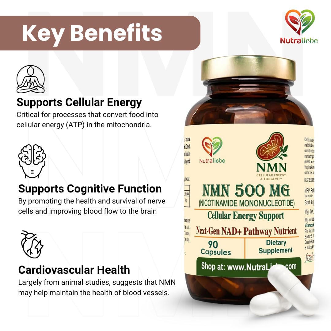 Nutraliebe NMN (Î²-Nicotinamide Mononucleotide) 500 mg â€“ NAD+ Precursor for Cellular Energy, Anti-Aging & DNA Repair | Supports Brain, Metabolism & Mitochondrial Health | 90 Veg Capsules | Non-GMO & Gluten-Free