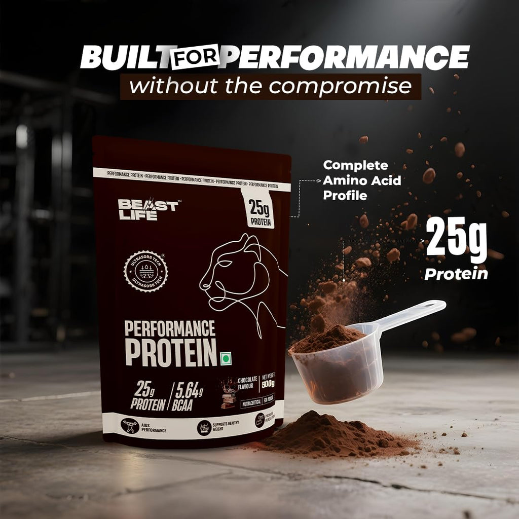 BeastLife Performance Yeast Protein Powder | 25g Protein | Chocolate |NABL Lab Certified | High Absorption for Muscle Growth |Smooth & Light, Easy to Digest with Ultrasorb Tech|5.64g BCAA | Best For Gut | Beta Glucan | Improves Immune Function | 500g