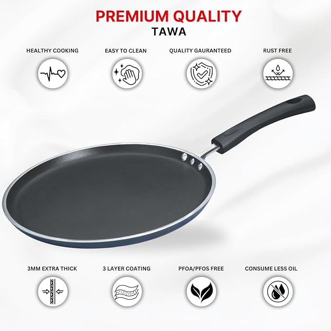 Vinod Zest Aluminium Non Stick Dosa Omni Tawa - 25cm | 3mm Extra Thick | 3 Layer Ceramic Coat | Bakelite Handle
