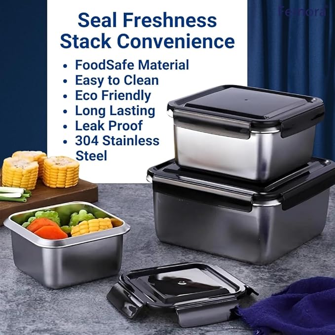 Femora High Steel Square Container Airtight Leakproof Unbreakable Storage Container/ Lunch Box | 550 Ml | Set of 3