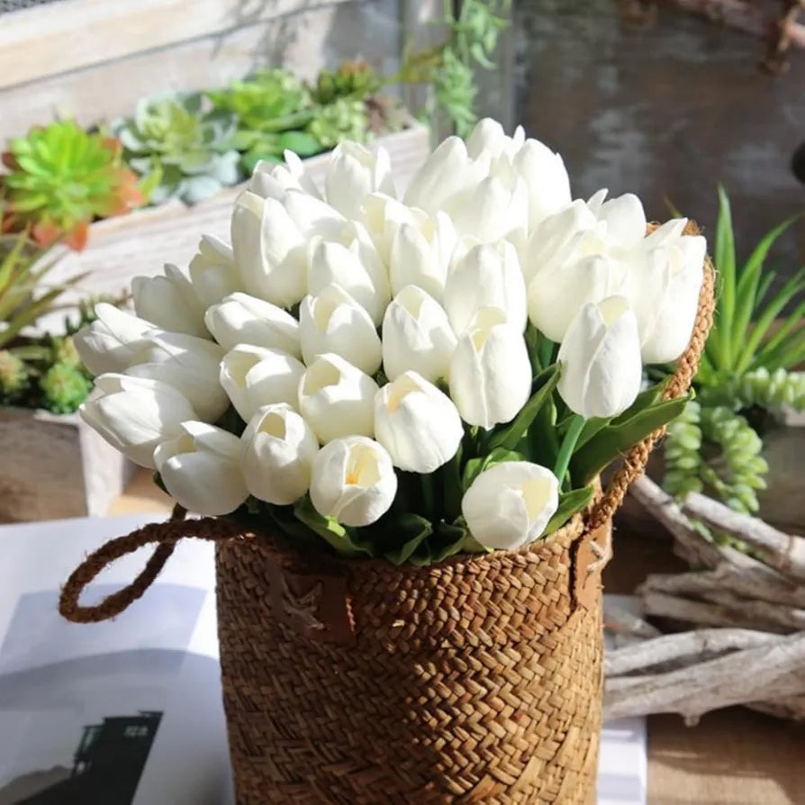 PU Real Touch Tulips Artificial Flowers 30Pcs Flowers Arrangement Bouquet White30