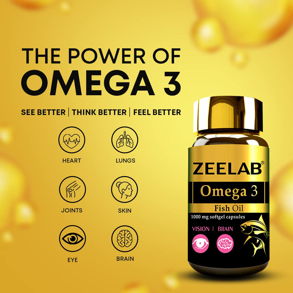 Zeelab Omega 3 Fish Oil Capsules with EPA & DHA â€“ Supports Heart, Brain, Eye, Joint Health â€“ Helps Maintain Cholesterol & Triglyceride Levels â€“ For Men & Women â€“ 1000mg Softgels