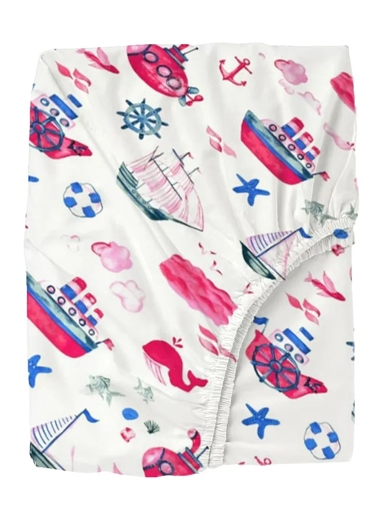 Trance Home Linen 180TC 100% Cotton 78"x72" Standard King Size Elastic Fitted Kids Bedsheet Printed King Bed Size with 2 Pillow Covers Colour Boat Pink