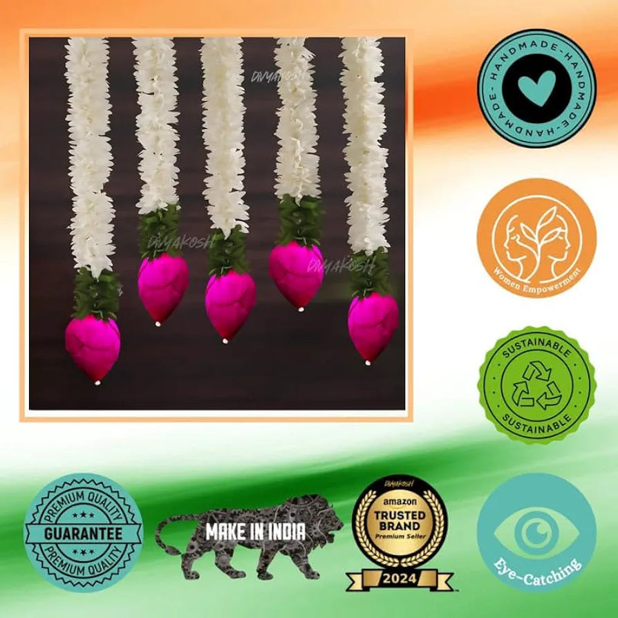 Garlands for Home Decoration Lotus Hangings Offwhite Fabric & Solawood Lotus Buds Jamsine Lotus - 6