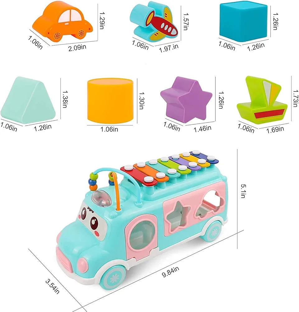 Lefan Plastic Musical Happy Bus Toy Baby Toys 6-18 Months with Xylophone & Shape Sorter Push & Pull Educational and Learning Toys for 1 2 3 4 5 Year Old Gift for Toddlers-Blue