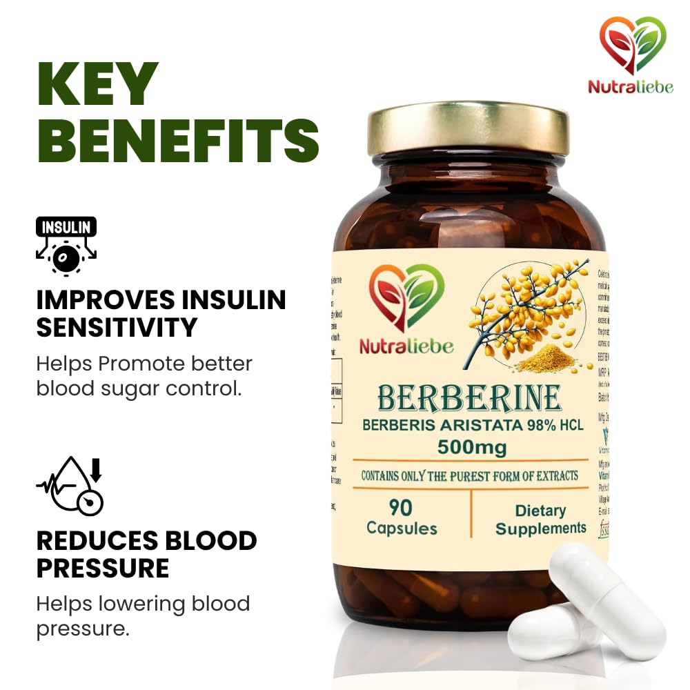 Nutraliebe Berberine Extract 98% from Berberis Aristata Stem - Premium Supplement, Non-GMO, 90 Capsules
