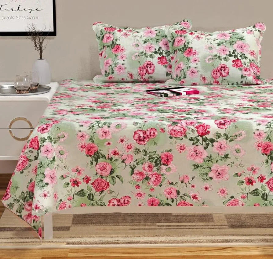 HomeKart Floral Printed Cotton Feel Double Bedsheet with 2 Pillow Covers 200 Tc Soft Premium Printed Bedsheet for Home Bedroom Green & Pink