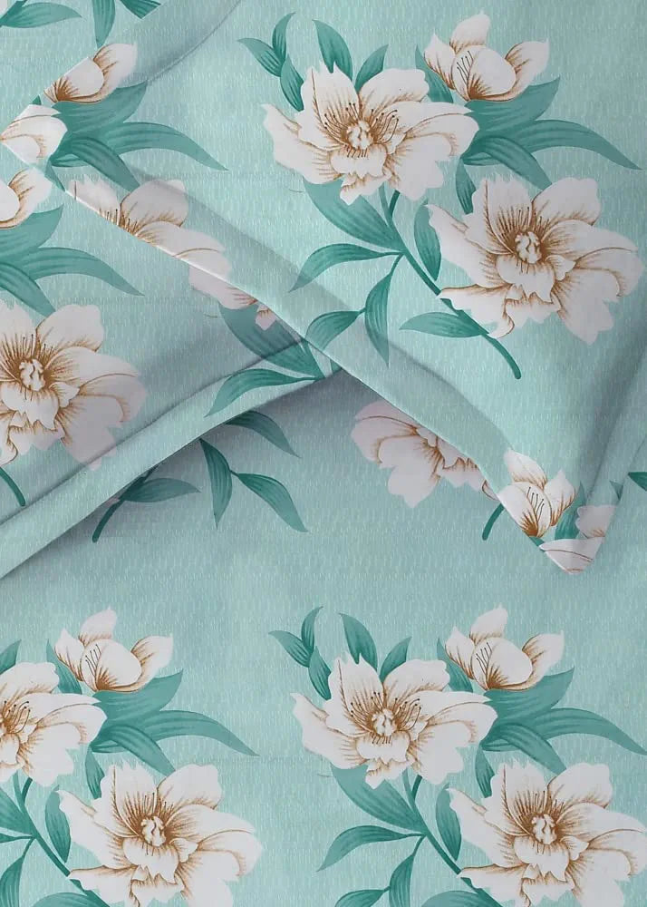 Homekart Premium Cotton Elastic Fitted Bedsheets with 2 King Size Pillow Covers Double Bed Flower Print Light Green 200 tc - 220 tc