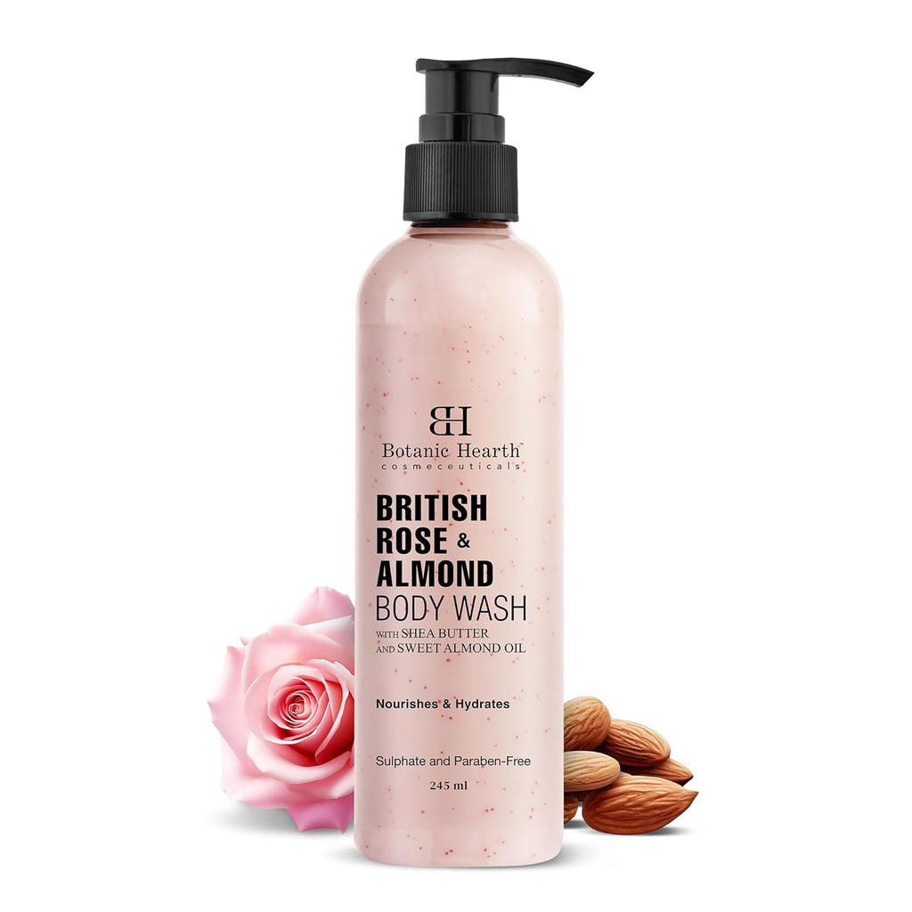 Botanic Hearth British Rose & Almond Body Wash Shower Gel for Women & Men with Shea Butter | Moisturizing & Softening Body Wash for Men & Women | Sulfate & Paraben Free | 245ml