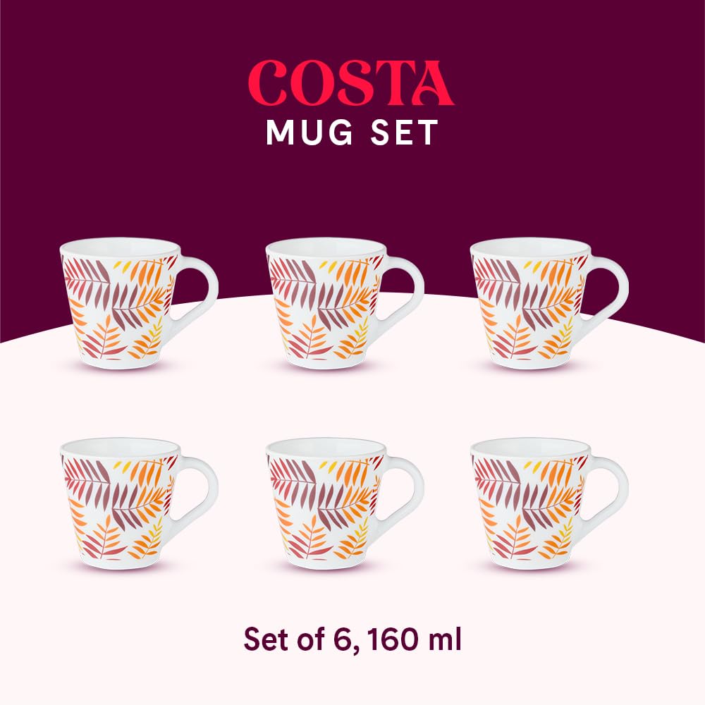 Larah by Borosil Novelty Series Costa Opalware Mug, Set of 6 Tea/coffee Mugs | 160 Ml Each