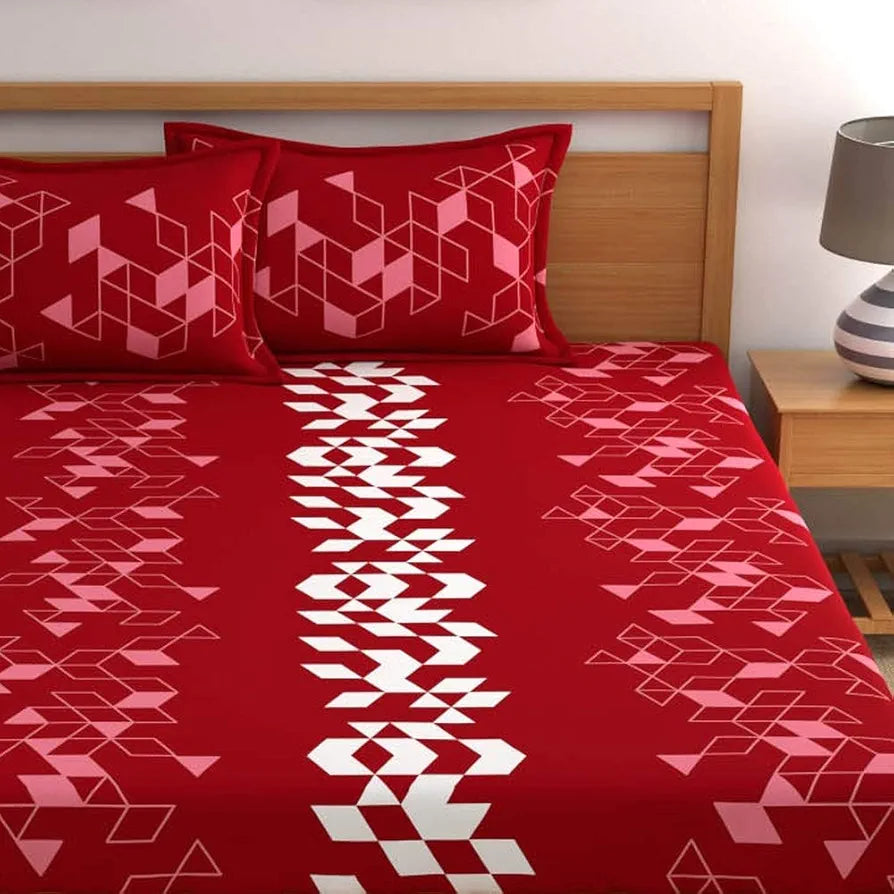 Dreamscape Cotton King Fitted Bedsheet with 2 Pillow Covers Maroon Scatter