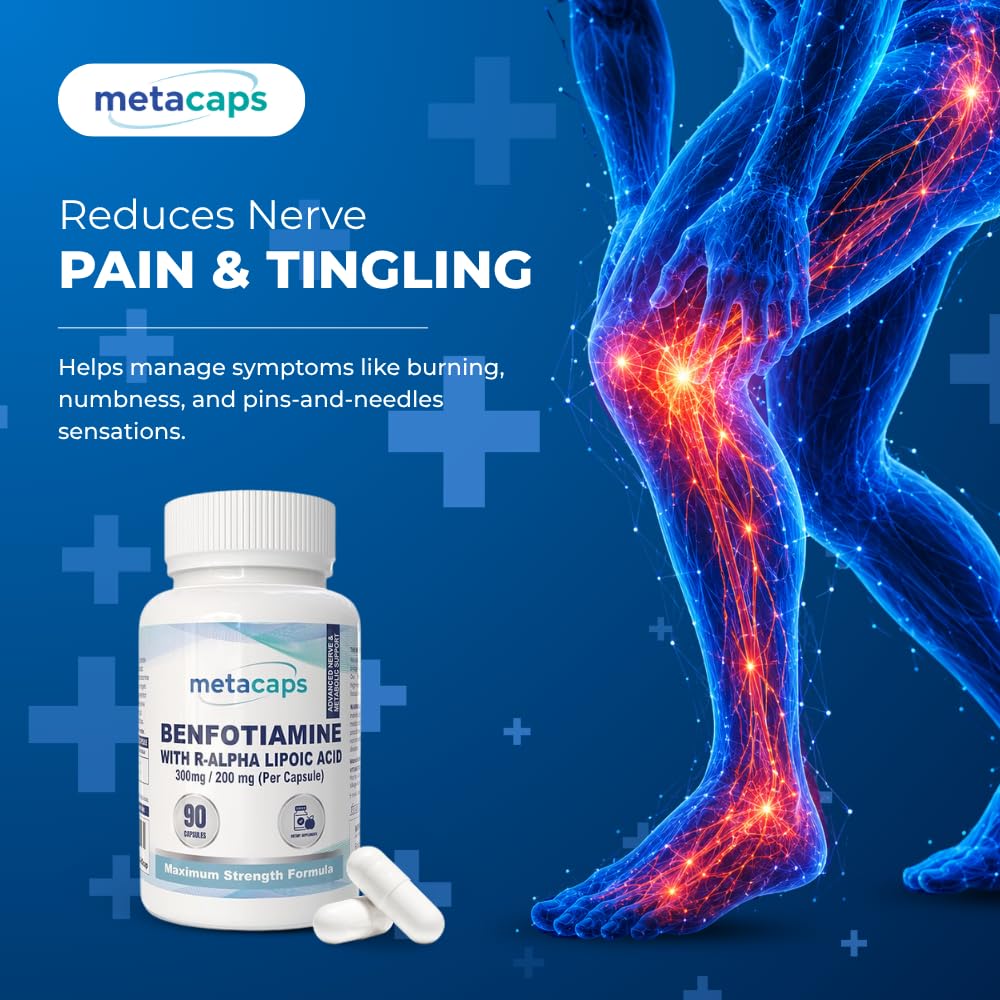 MetaCaps Benfotiamine 300mg + R-Alpha Lipoic Acid 200mg â€“ 90 Veg Capsules | Maximum Strength Nerve Support Formula | Superior Fat-Soluble B1 & Bio-Active R-ALA | Supports Healthy Blood Sugar & Nerve Function | Vegan & Non-GMO