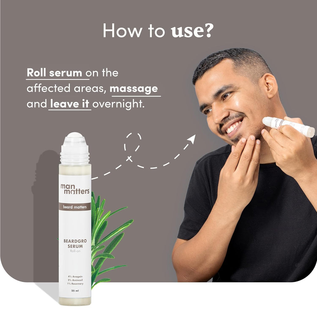 Man Matters BeardGro Serum Roll On 25ml | 4% Anagain, 2% Aminexil & 1% Rosemary | For Stronger, Fuller & Thicker Beard | Solves Uneven & Patchy Beard | Lightweight, Fast Absorption